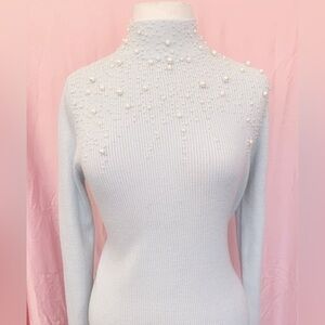 Elegant Pearl-Embellished Light Blue Sweater